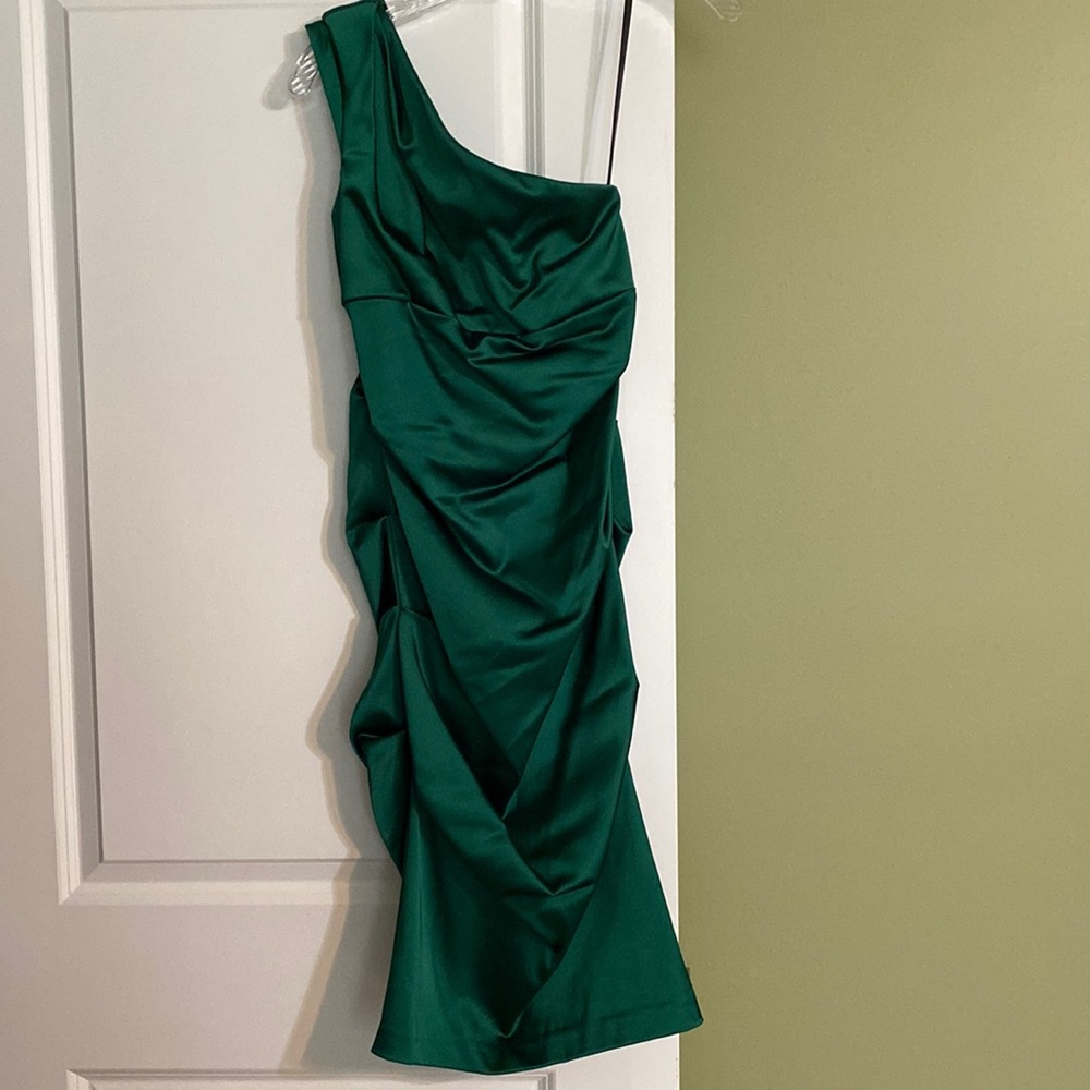 Xscape Emerald Satin One-Shoulder Cocktail Dress